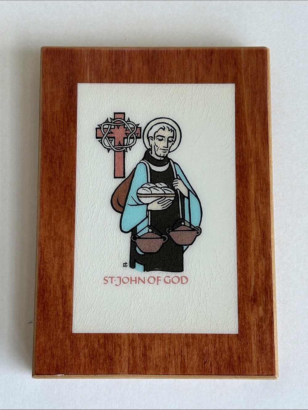 St. John of God Mid Century Modern Wall Plaque w Built in Hardware 5” x 3 1/2”